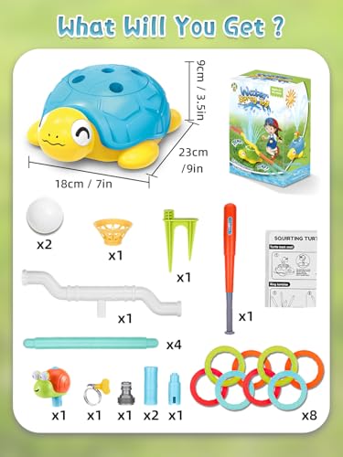 4 in 1 Turtle Water Sprinkler for Kids, Outdoor Toys with Snail Splash, Ring Toss, Baseball Game & Hurdle Play, 360°Roating Spray Summer Fun Backyard Garden Lawn for Toddlers Kids Boys Girl 3-12 Gifts