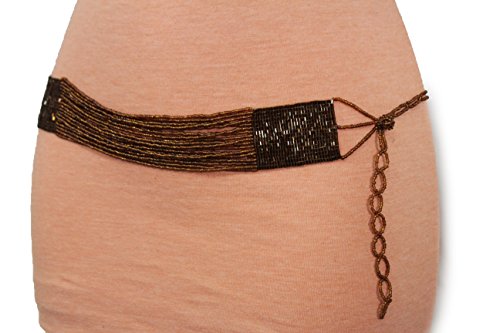 TFJ Women Fashion Tie Fabric Belt Hip High Waist Brown Bronze Beads Plus Size M L XL