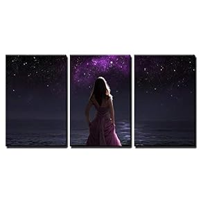 3 Piece Canvas Wall Art - Woman Standing in Dress at Night Watching Shooting Stars. - Modern Home Art Stretched and Framed Ready to Hang - 16"x24"x3 Panels