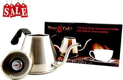 1.2 Liter Pour-Over Gooseneck Stainless Steel Coffee Kettle with built-in Thermometer by Pour D' Cafe