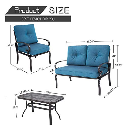 Oakmont Outdoor Patio Furniture Conversation Set Loveseat, 2 Chairs, Coffee Table with Cushion, Lawn Front Porch Garden, Wrought Iron Frame, Peacock Blue