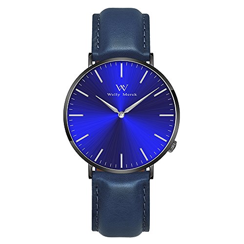 Welly Merck Men's Luxury Watch Minimalistic Design Quartz Movement Sapphire Crystal Analog Wrist Watch with 20mm Italy Genuine Leather Interchangeable Blue Strap 5ATM Water Resistant (Black)