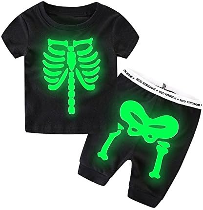 Littlespring ハロウィーン 仮装 子供用 コスプレ 変身 夜光 ドクロ ロングパンツ スケルトンの骨 新着 ショートパンツ 髑髏 長袖 上下セットアップ Tシャツ 半袖