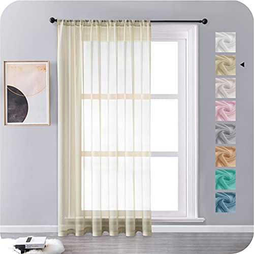 MRTREES Voile Curtains 90 Drop 1 Panel Faux Linen Rod Pocket Sheer Curtain Panel for Bedroom Living Room Patio Door 90x90 Drop 228cm x 228cm Biscuit