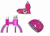 ZTE MAX DUO LTE Hot Pink Cell-Stuff Charging Combo Pack includes 3 Ft. Type C Braided Flat Wire Cable , Car Adapter & Dual USB Wall Home Charger