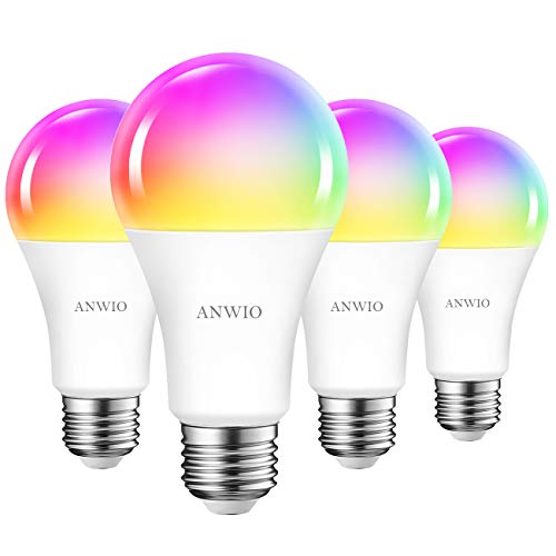 ANWIO 4 x 12W E27 Smart RGB WiFi LED Bulbs, A70 Equivalent to 100W, 1521 Lumens, Works with Alexa, Google Home and Smart Life.