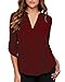 roswear Women's Chiffon V-Neck Business Casual Blouse Work Tops with Cuffed Sleeves Burgundy XX-Large