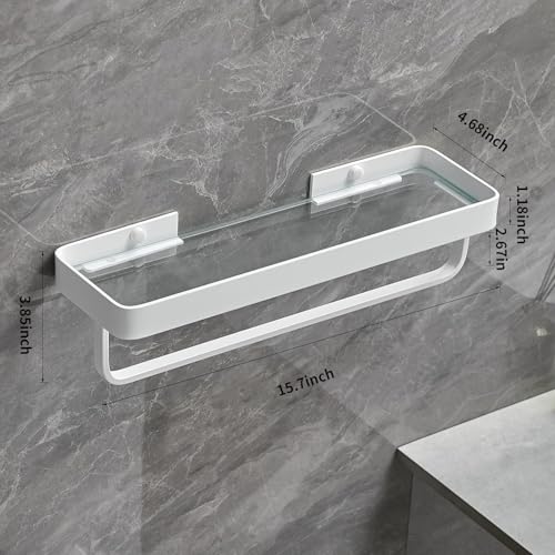 40 CM Wall Mounted Shower Shelves, 2 Tier Bathroom Caddies with Towel Bar, Tempered Glass Floating Shelf, White Bathroom Wall Organizer