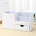 KINGFOM Desk Organizer Office Supplies Caddy Pu Leather Multi-function Storage Box Pen/Pencil,Cell phone, Business Name Cards Remote Control Holder with Small Drawer White