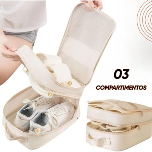 Bolsa de Sapatos para Viagem 03 Compartimentos Necessaire Organizadora de Tênis Sandálias Chinelos Sapato Porta Calçados com Zíper Malha Respirável Dobrável Economia de Espaço (PRETO)