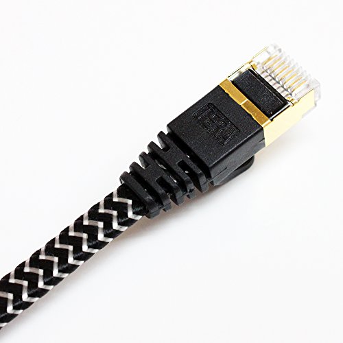 Tera Grand - CAT7 10 Gigabit Ethernet Ultra Flat Patch Cable Modem Router LAN Network Playstation Xbox - Built with Gold Plated & Shielded RJ45 Connectors Nylon Braided Jacket, 3 Ft Black & White