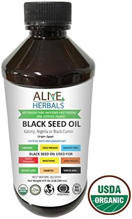 Alive Herbal BLACK SEED OIL - VIRGIN 100% Raw Organic Cold Pressed, Unfiltered, Vegan & Non-GMO, No Preservatives & Artificial Color- BPA Free Food Grade Plastic Bottle 4 OZ.