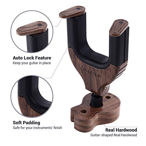 Guitar Wall Mount Hanger Auto Lock, Ohuhu Guitar Hanger Wall Hook Holder Stand for Bass Electric Acoustic Guitar, Black Walnut - Thumbnail 3