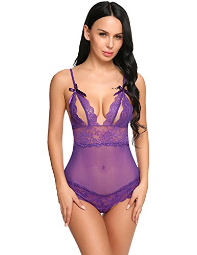 Avidlove Womens Sexy Peek-a-Boo Lingerie Mini Teddy Lace Babydoll Thong Bodysuit Purple XXL