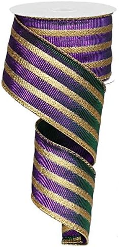 Metallic Stripe Wired Edge Ribbon, 10 Yards (Mardi Gras Stripe)