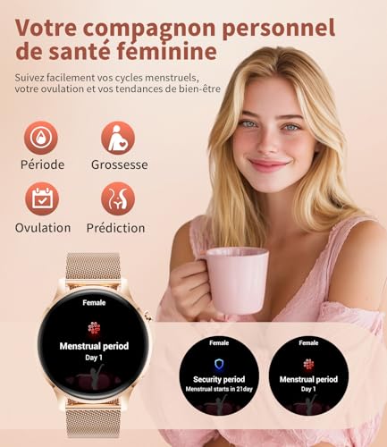 HIRREO Montre Connectée Femme Ronde, Smartwatch Femme Ultrafin 7,99 mm 1,32" Écran Clair Appel Bluetooth, Montre Intelligente Santé Féminine Fréquence Cardiaque SpO2 Fitness Podomètre, Or Rose