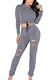 Fixmatti Women 2PC Broken Hole Tracksuit Crop Top and Sweat Pant Sport Outfit Set