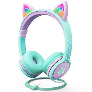 FosPower-Kids-Headphones-with-LED-Light-Up-Cat-Ears-35mm-On-Ear-Audio-Headphones-for-Kids-with-Laced-Tangle-Free-Cable-Max-85dB-TealLight-Purple FosPower Kids Headphones with LED Cat Ears, 3.5mm On-Ear Wired Headset with Laced Cables for iPad/Smartphones/PC/Kindle…