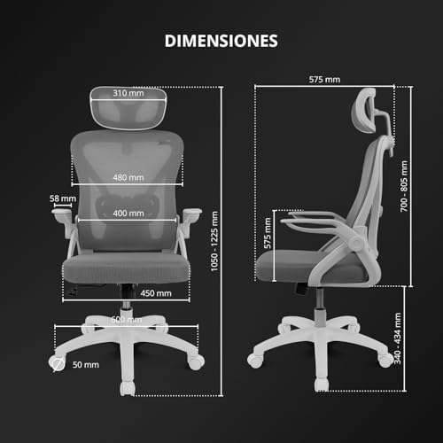 DRAIR35 – Cadeira ergonómica de escritório e secretária em casa com malha elástica respirável, reclinável a 90-120°, apoio de cabeça e braços dobráveis, suporta até 120 kg, cinzento-branco