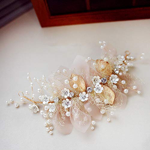 Flower Wedding Headpieces Champagne Bridal Hair Accessories Women Vintage Gold Hair Vine (Champagne)