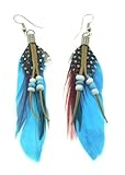 Natural Feather Fashion Earrings with Leather, Blue Tones