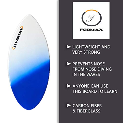 Fedmax Skimboard with Carbon Fiber Tips and Fiberglass Body Hybrid | with Traction Grip Set | Ultimate Tips Manual (Blue, 44 in. (50lbs. to 130lbs.))
