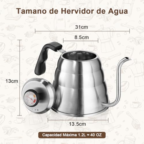 Hervidor de Agua con Termómetro 1.2L, Café Tetera de Cuello de Cisne Acero Inoxidable para Verter sobre Café, Mango Antioxidante, Cafe Goteo a Mano, Prensa Francesa Hervidor de Té para Estufa Cafetera