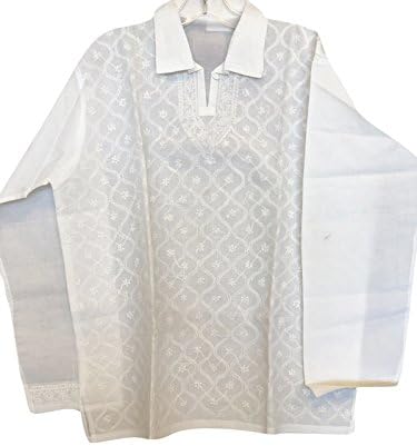 Mogul Interior Womens Shirt Tunic Ivory Floral Hand Embroidered Elegant Indian Top Blouse Cover Up M/L