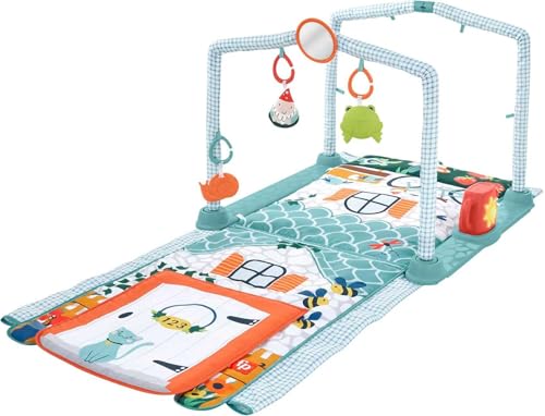 Fisher-Price Gimnasio casita de Campo 2 en 1 Alfombra de Actividades, Manta se Convierte en cabaña, Juguete con Luces y Sonidos, Regalo para bebé recién Nacido (Mattel HJK45)