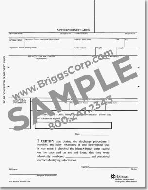 Briggs Health Care Newborn Identification Forms with Signatures/ID Bands Verification and ID Band Attachments - for mechanical imprinters (8" x 11")