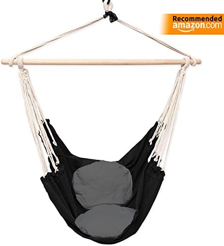 Celler PremiumHanging Rope Hammock Chair Swing SEAT Suitable for Both Indoor and Outdoor use, Black with Two Round and Comfortable Cushions in White or Gray Color (Safety Hitch Included) (Gray)