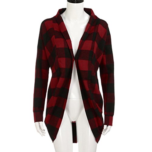 Forthery Cardigan, Women's Casual Open Front Lightweight Flannel Plaid Shirts (M, Red)