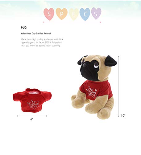 DolliBu Pug Dog with I Love You Message T-Shirt Stuffed Animal 10 Inch, for Boyfriend or Girlfriend, Cute Teddy Bear with Heart Plush Toy for Friend, Anniversary or Valentine Gift