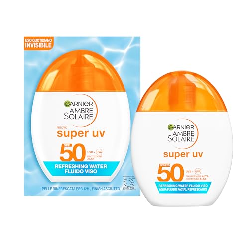 Garnier Fluido Viso SPF50 Invisible, Per Tutti i Tipi di Pelle, Protezione dai Raggi UV, Texture Fresca e Invisibile, Formula Vegana, Super UV Refreshing Water, Ambre Solaire, 40 ml