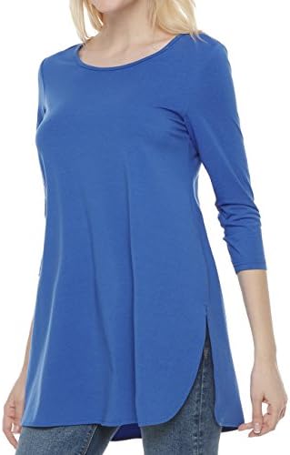 Dafunna 3/4 Sleeve Tunic Tops, Women's Side Slit Shirt (Blue,L)