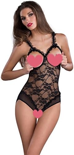 Sexy Puppy Women's One-Piece Teddy Bodysuit Sexy Lingerie Lace Nightie Open Cup Crotchless (S, Black)