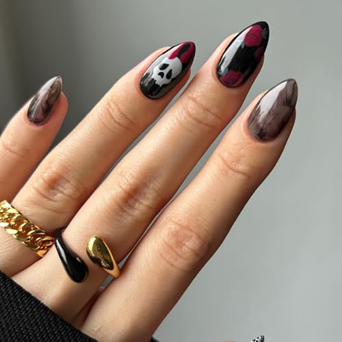 24 Pcs Black Nails Halloween Press on Nails Medium Length Fake Nails Almond RIICFDD False Nails with Red Rose and Skull Pattern Design Full Cover Horror Stick on Nails for Women and Girls - Image 2