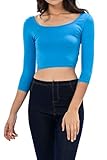 Womens Trendy Solid Color Basic Scooped Neck and Back Crop Top 3/4 Sleeve Turquoise Medium