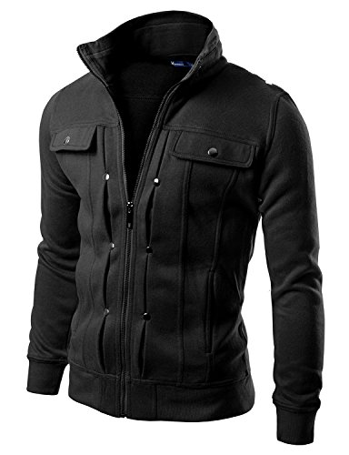 Doublju Men Comfortable Slim Fit Hight Neck Zip Up Jacket Black S