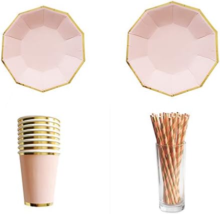 Tenlife Disposable Tableware Sets Rose Gold Stamping Pattern Paper Plates Cups for Birthday Bridal Shower Children Party Decoration(Paper Cup)