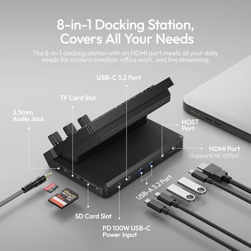 ULANZI D200X Stream Controller with 3 Knobs, 14 Customizable LCD Keys Macro Keyboard, 8-in-1 USB-C Hub Docking Station with 4K HDMI Content Creator Equipment for OBS/Video Editing/Photography/PC
