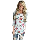 Winhurn Casual Floral Design Splice Stripes Round Neck Women Blouse T Shirt Top