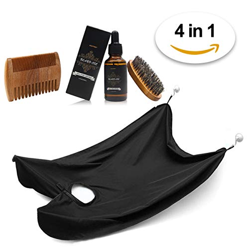 Beard Apron Hair Trimming Catcher & Mustache Care,Aptoco 4 PCS Beard,Natural Boar Bristle Beard Brush and Handmade Comb and Beard Oil for Men