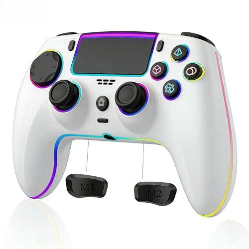 Wireless Controller for PS5 Pro/PlayStation-5/PC/Mac with Hall Effect joystick trigger/Back Paddles/Cool RGB/Motion Sensor/TURBO/3.5mm Audio Jack - Built-in Speakers Support P-S5 Console Audio (White)