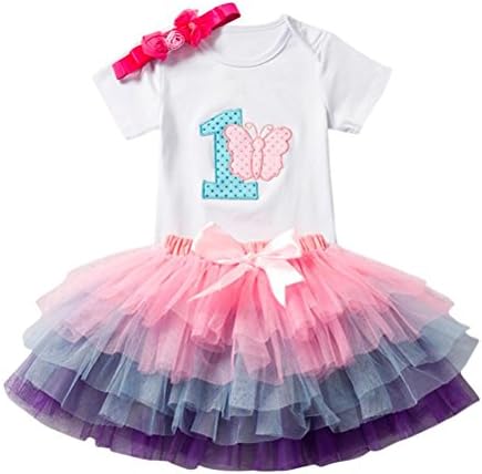 Dinlong 3Pcs Baby Girls Cartoon Print Tutu Skirts+Jumpsuit+Headband 1Years Old Birthday Outfits Set