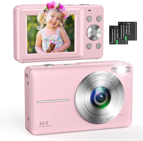 Digitalkamera 1080P 44MP Fotoapparat, mit 2,4" LCD-Bildschirm, 16-fachem Digitalzoom und Bildstabilisierung, tragbare kompakte Vlogging-Kamera für Kin