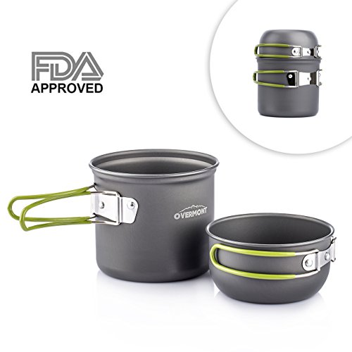 Overmont Portable 1-2 Person Camping Pot Set FDA Approved Outdoor Hiking Picnic Camping Gear Aluminum Alloy Cookware and Pot Set