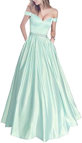 Xoemir Women's Off The Shoulder Beaded Satin Evening Long Prom Dress With Pocket