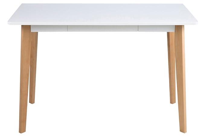 Schreibtisch mit Tischplatte in weiß lackiert, Echtholzbeine aus Birke Lack klar, 1 Schubkasten, Maße: B/H/T ca. 117/75,5/58 