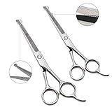 Wellbro Stainless Steel Dog Grooming Scissor Kit, Set of 2 Professional Pet Trimming Shears with Round Tips, Includes 1 Serrated Blade Scissor and 1 Regular Scissor, Suitable for Dogs, Cats and Pets